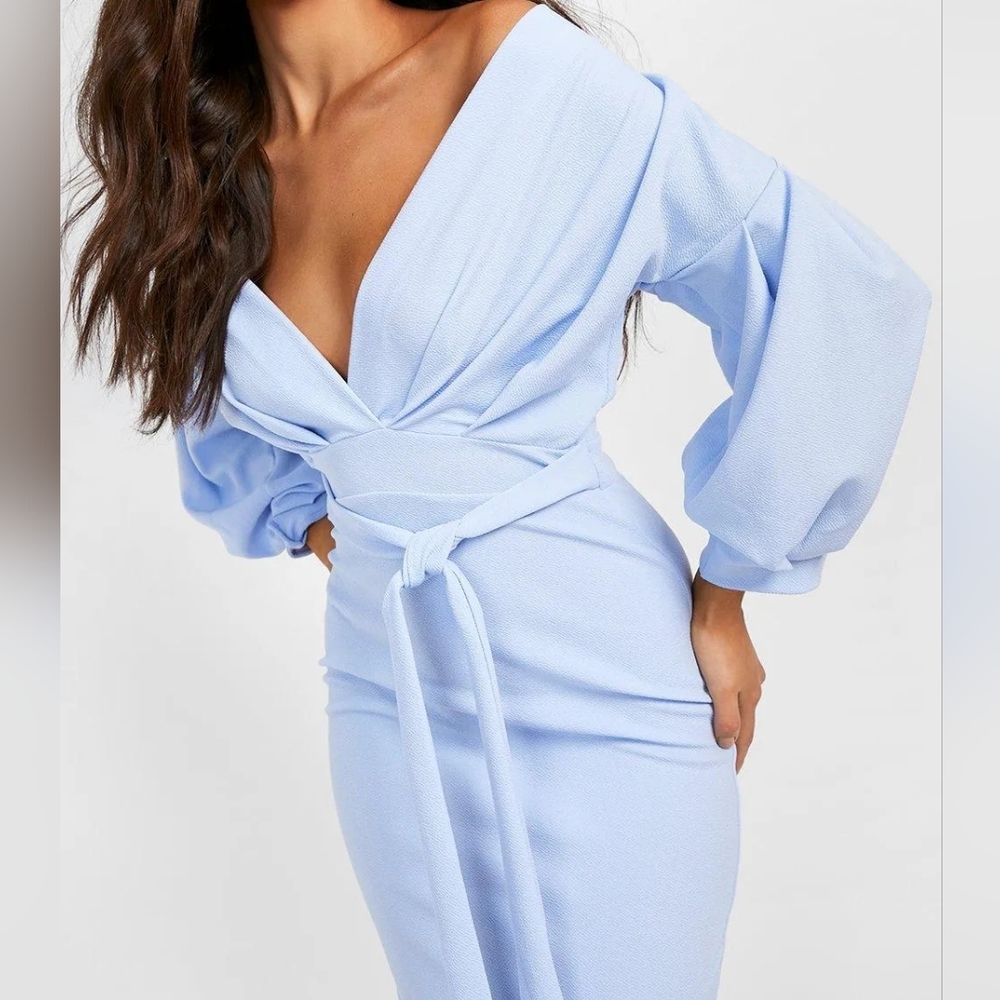 Boohoo Sky Blue Long Sleeve Midi Dress